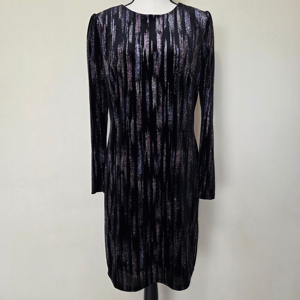 MSK Size 10 Black Velvet Pullover Long Sleeve Glitter Embellished Dress Lined